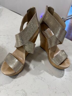 Diane Von Furstenberg Metallic Gold Strappy Wedge Sandals